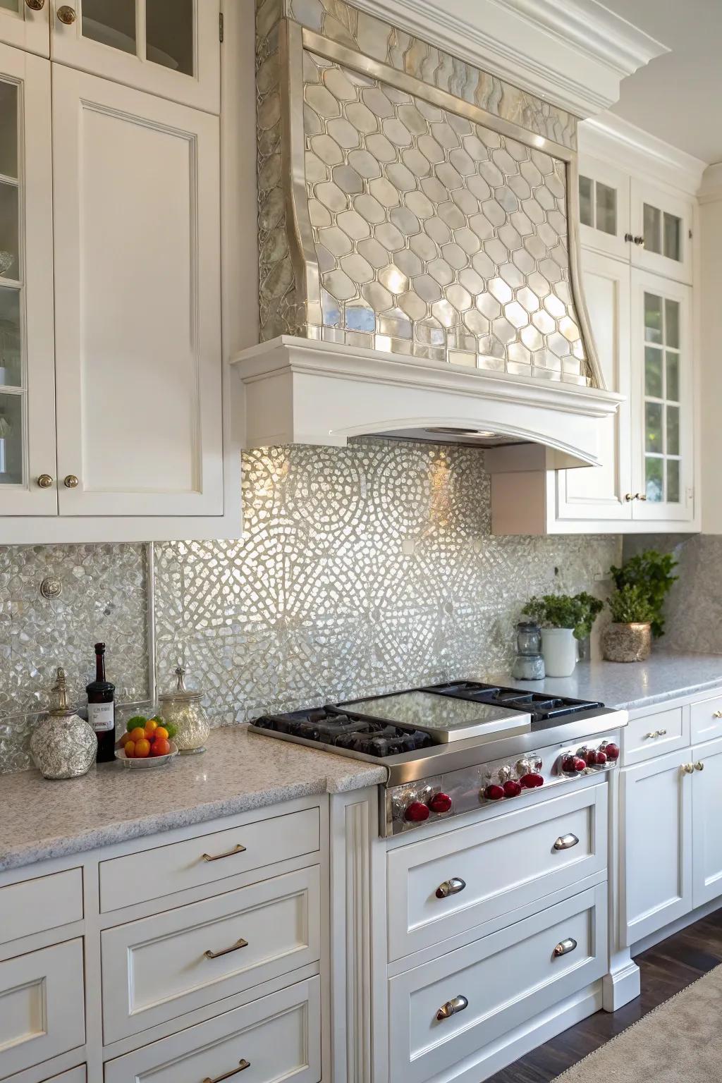 Shimmering mosaics add a glamorous touch to this white kitchen.