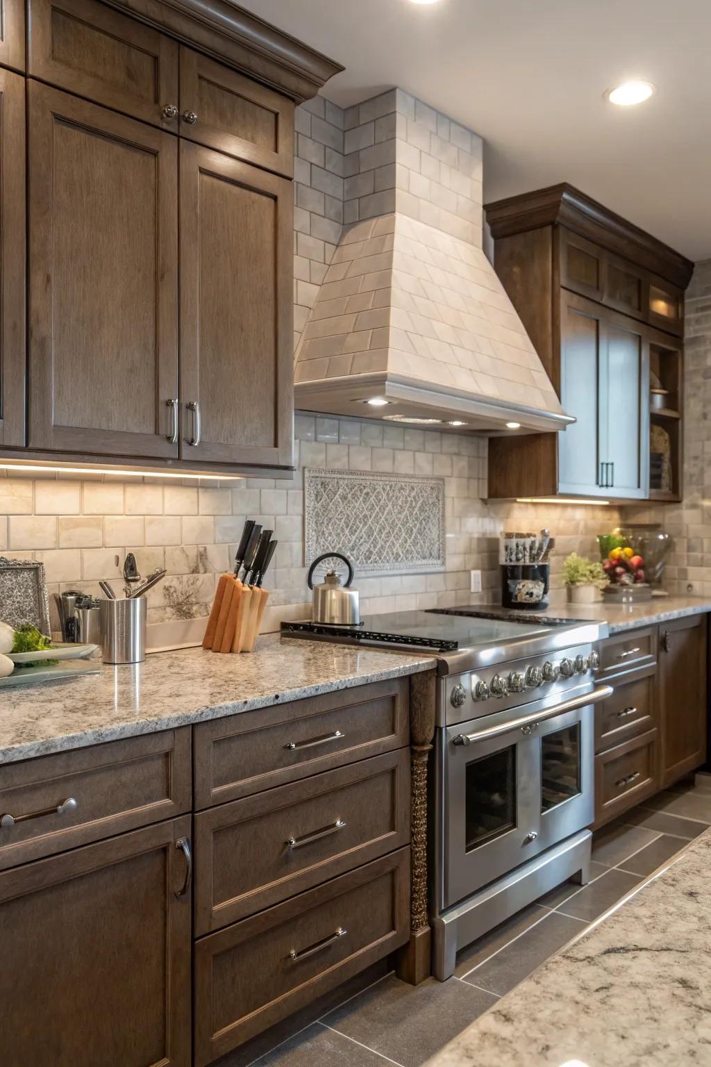 Soft gray tiles harmonize with the subtle tones of fantasy brown granite.
