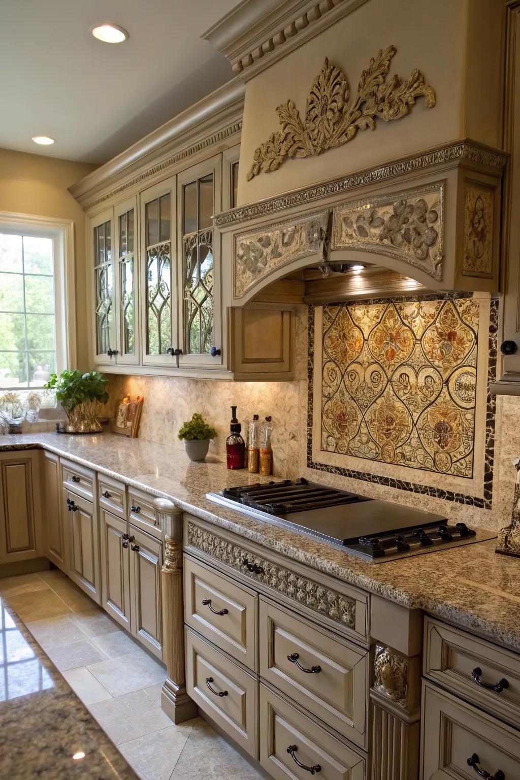 Granite surfaces are given a traditional elegance by elaborate details.