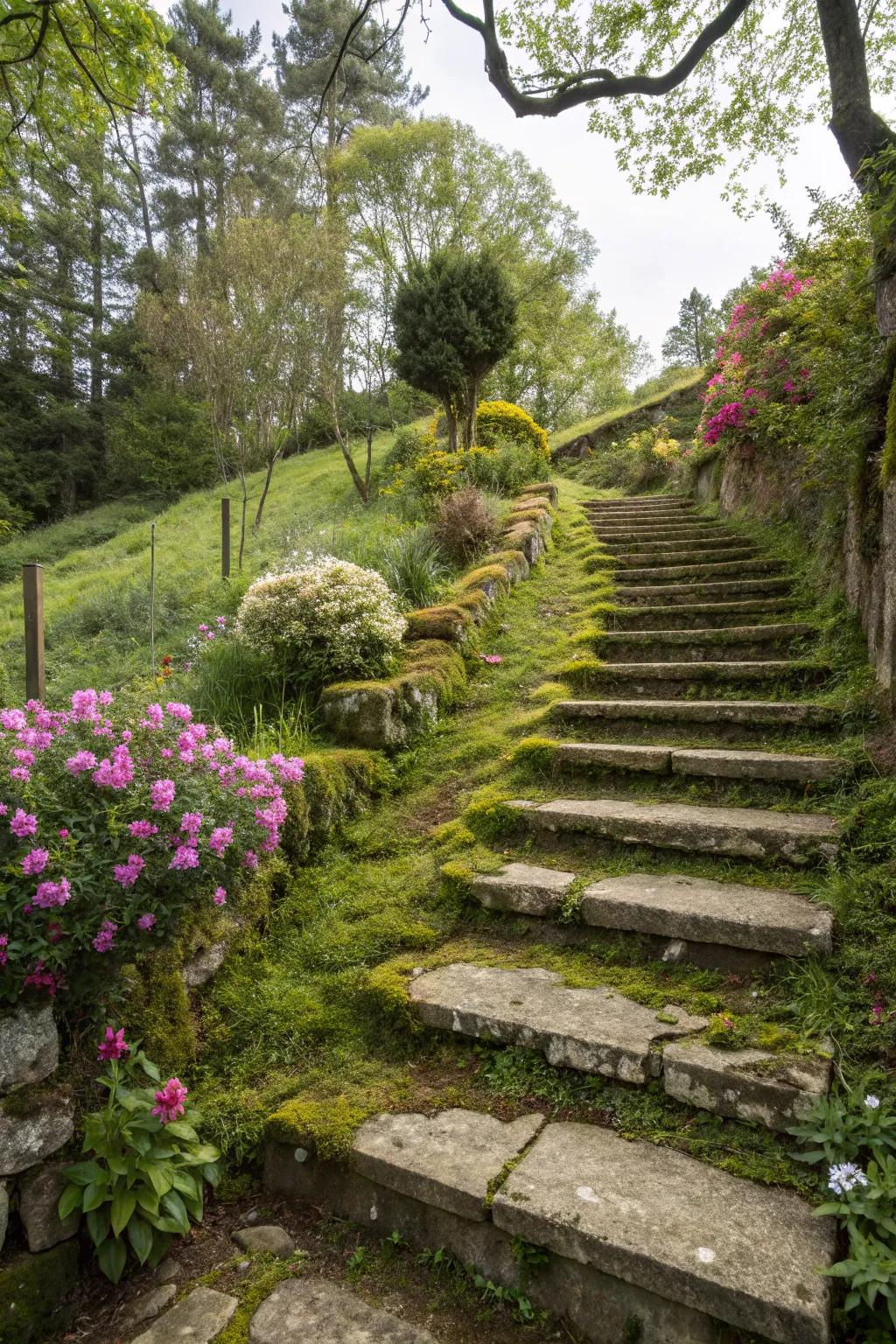 Stone steps are both practical and beautiful on a slope.