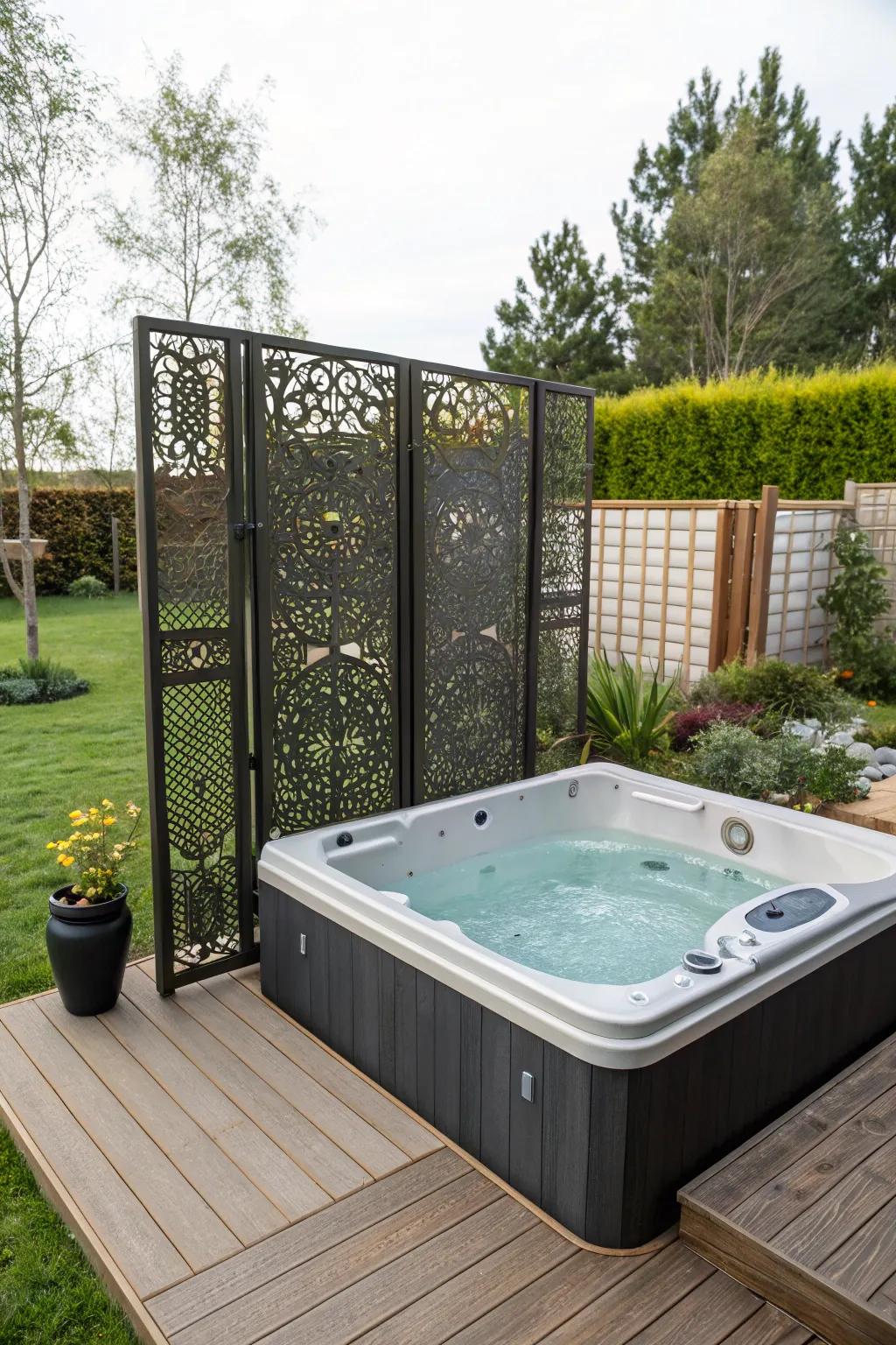 Decorative boards add an individualized and artistic flair to hot tub privacy.