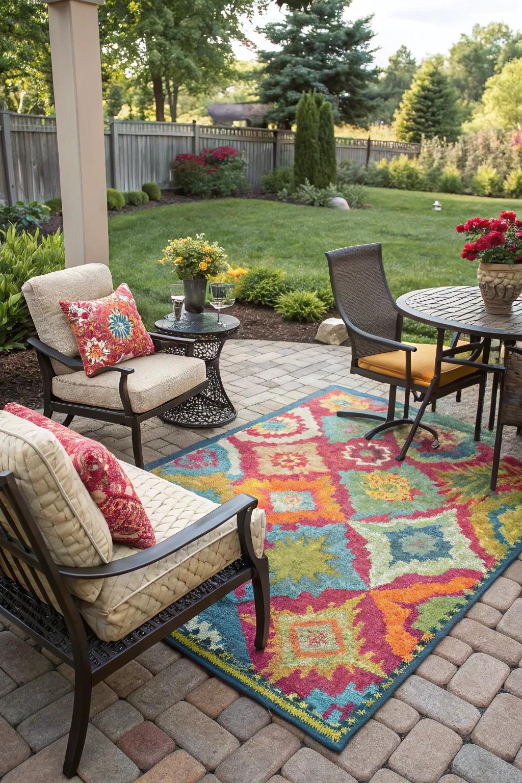 A vibrant outdoor rug adds comfort and style.