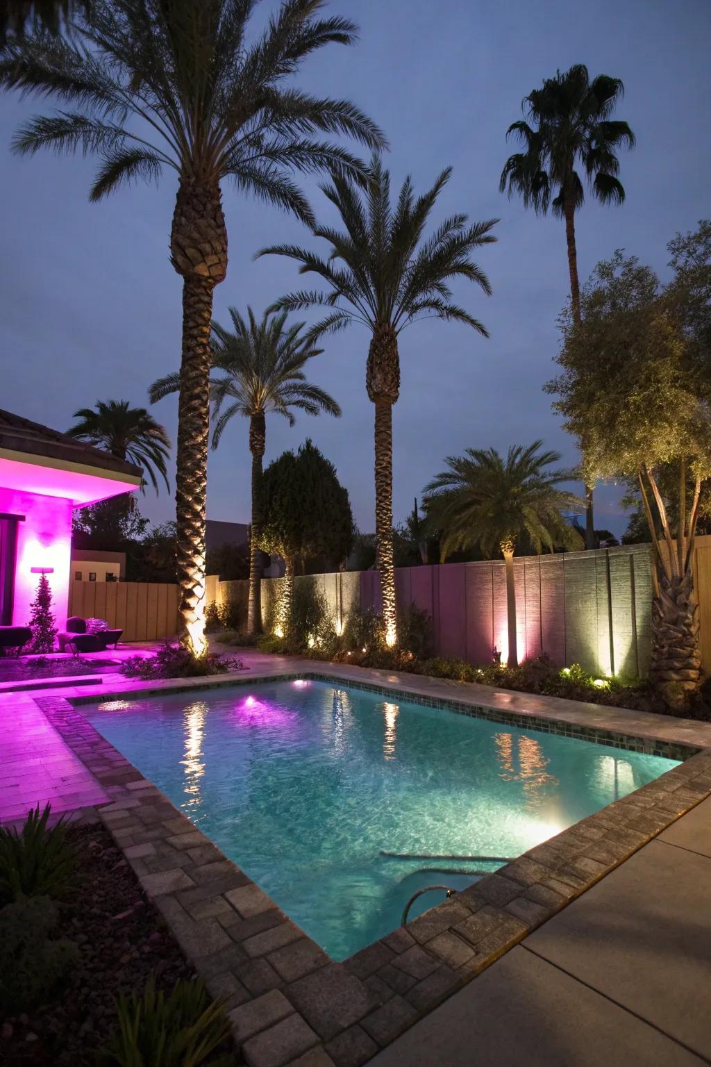 Evening illumination transmutes the pool area into a captivating haven.