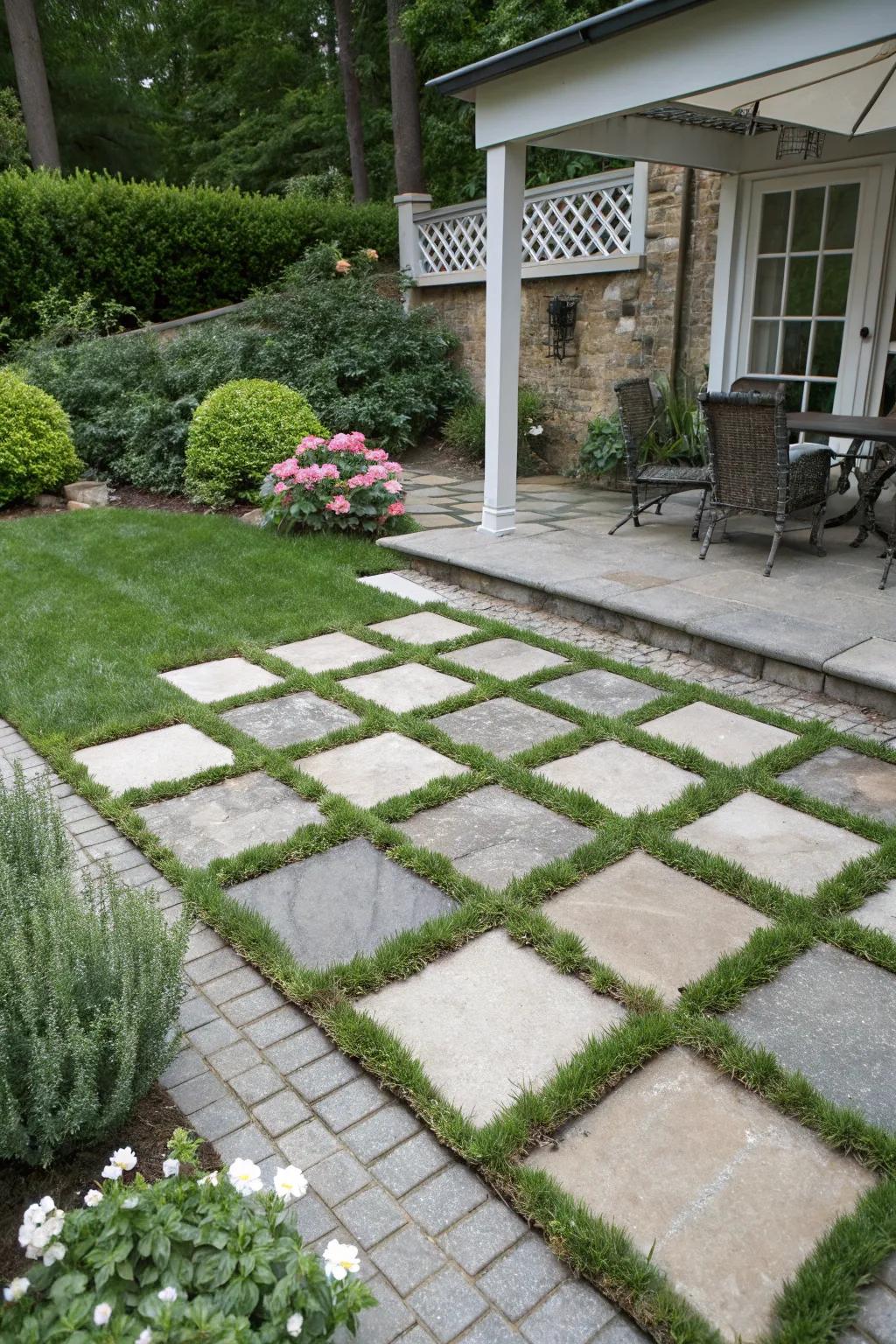 A grid design blends hardscape and greenery beautifully.