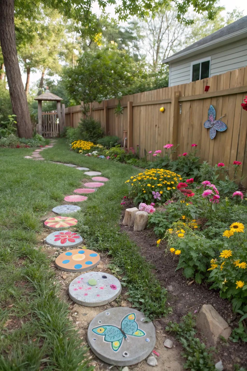 A whimsical trail showcasing uniquely shaped DIY stepping stones.