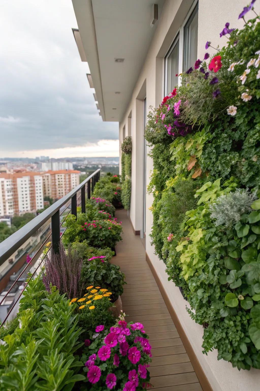 Verdant living walls bring freshness and greenery to your balcony.