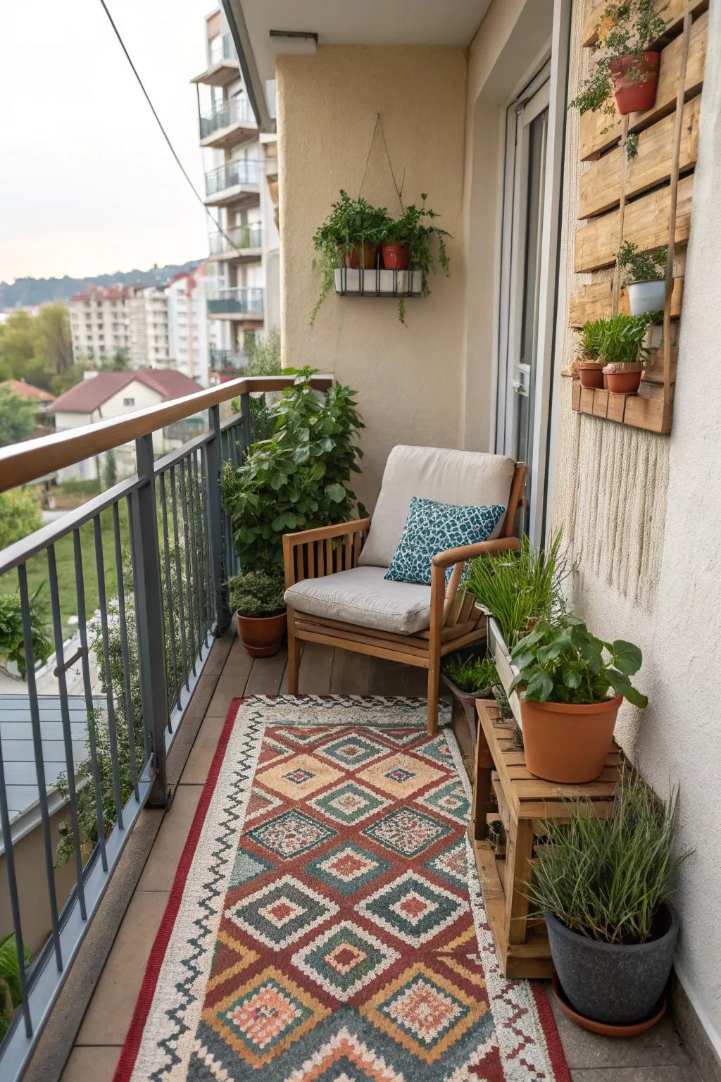 An outdoor carpet introduces both definition and warmth to your balcony arrangement.