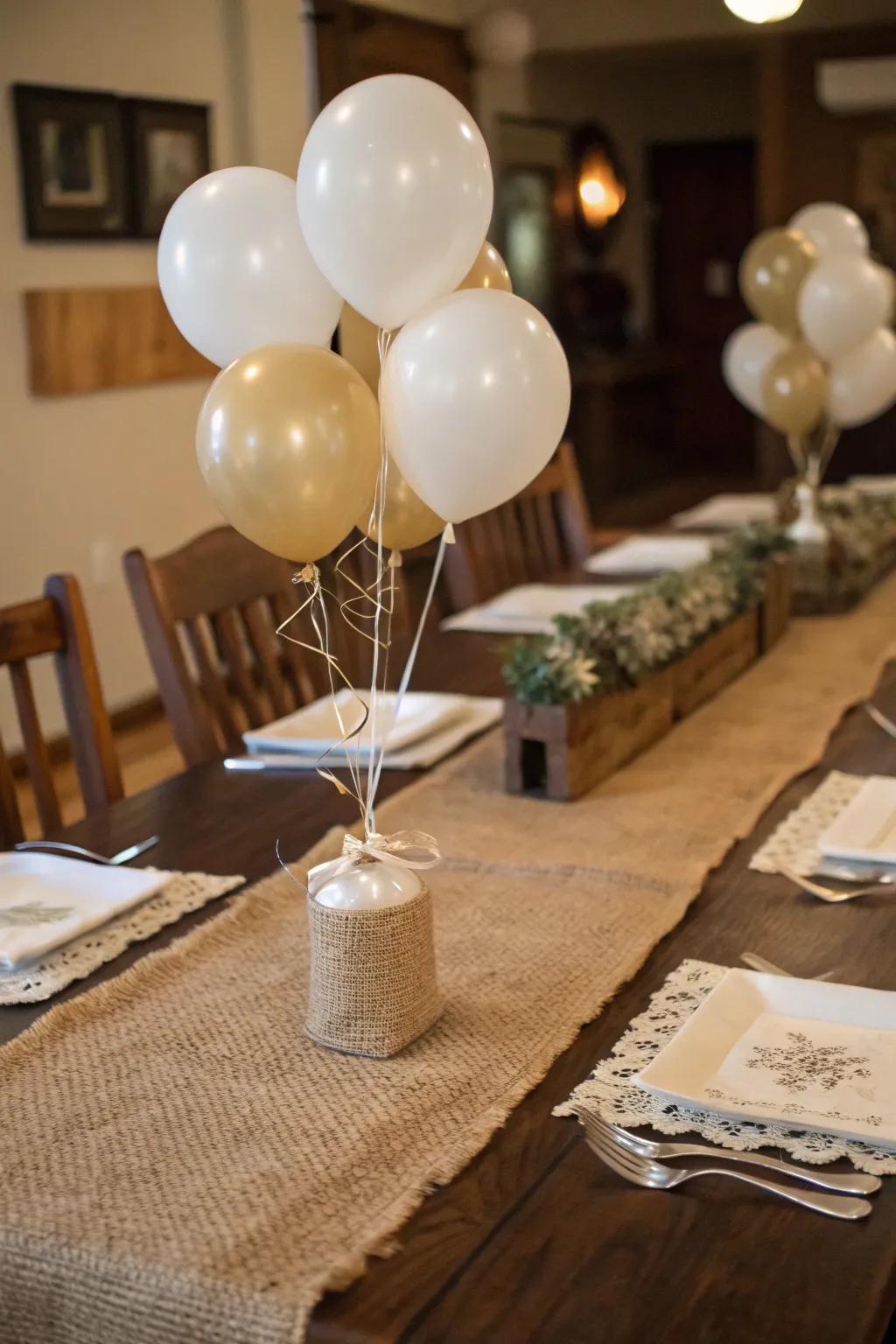 Rustic charm with burlap and neutral-toned balloons.