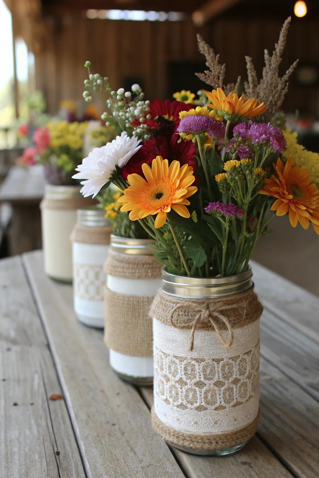 Country mason jars offer a simple, stylish accent.