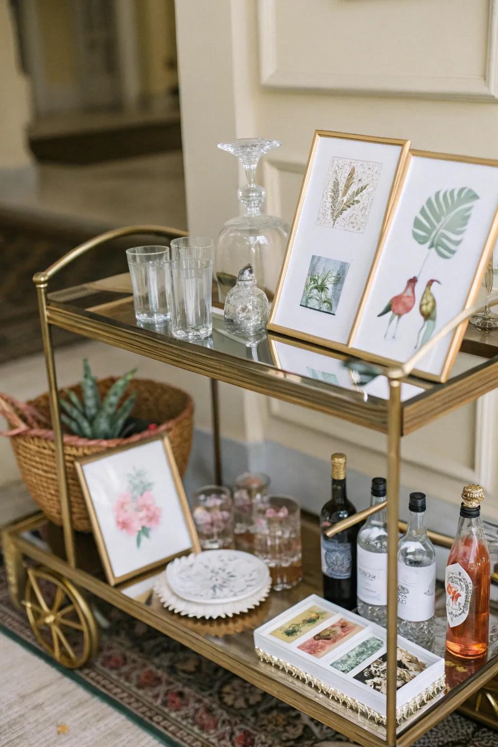 Artistic details elevate the mobile bar's aesthetic.
