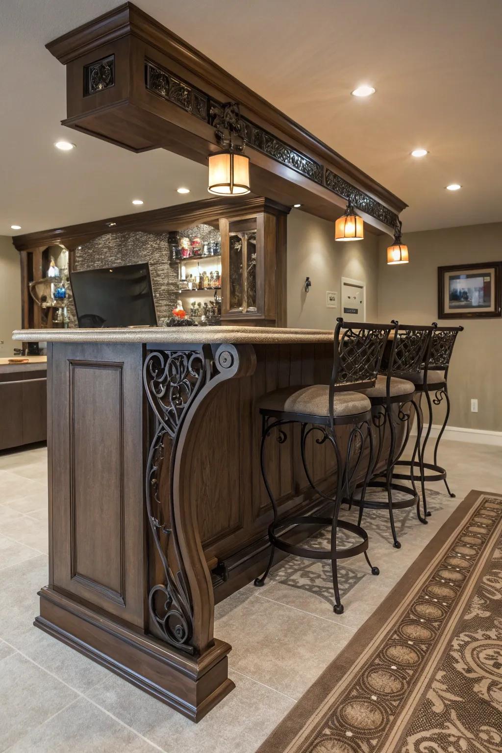 Artistic support brackets enhance the character of this home bar.