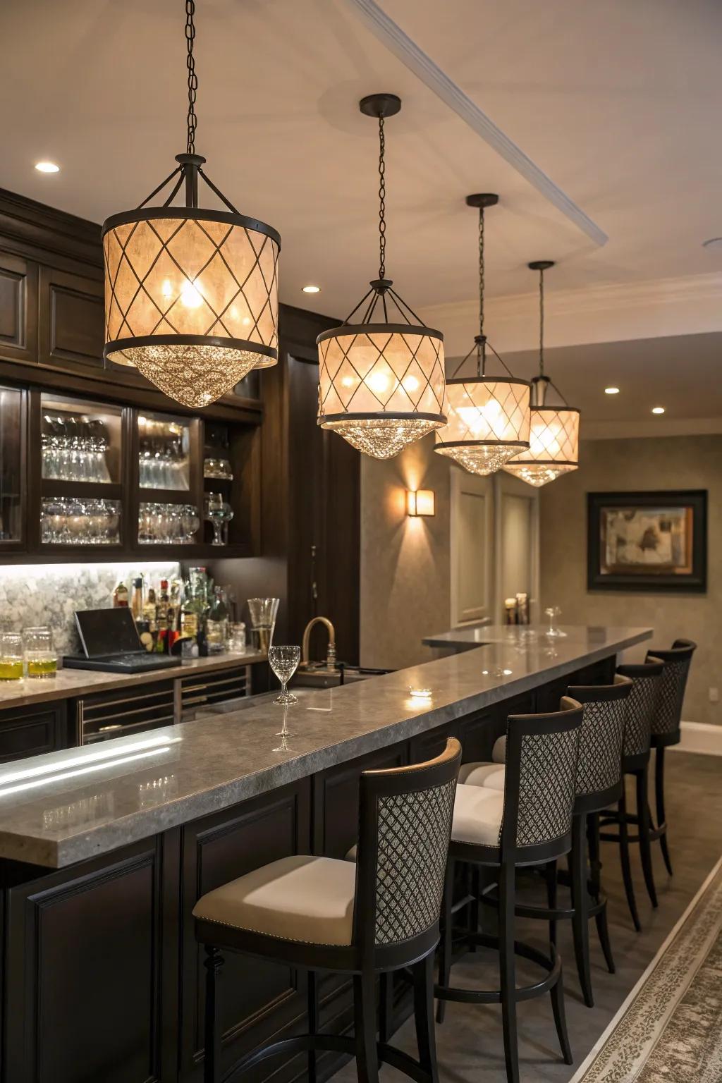 Pendant lighting fixtures contribute sophistication and emphasize the beauty of your bar.