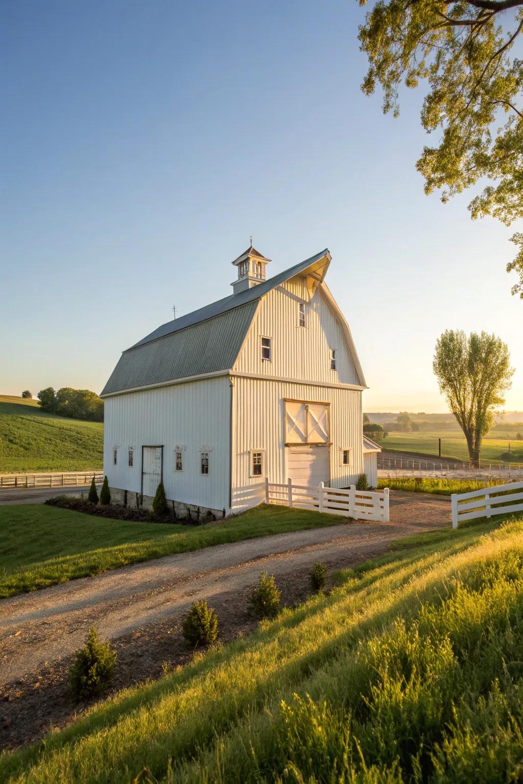 An elegant gentle white barn that exudes serenity.