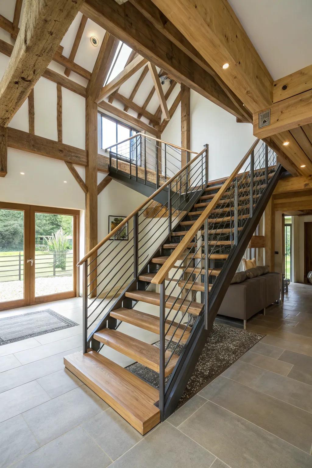 Streamlined staircases introduce modern elegance to country spaces.