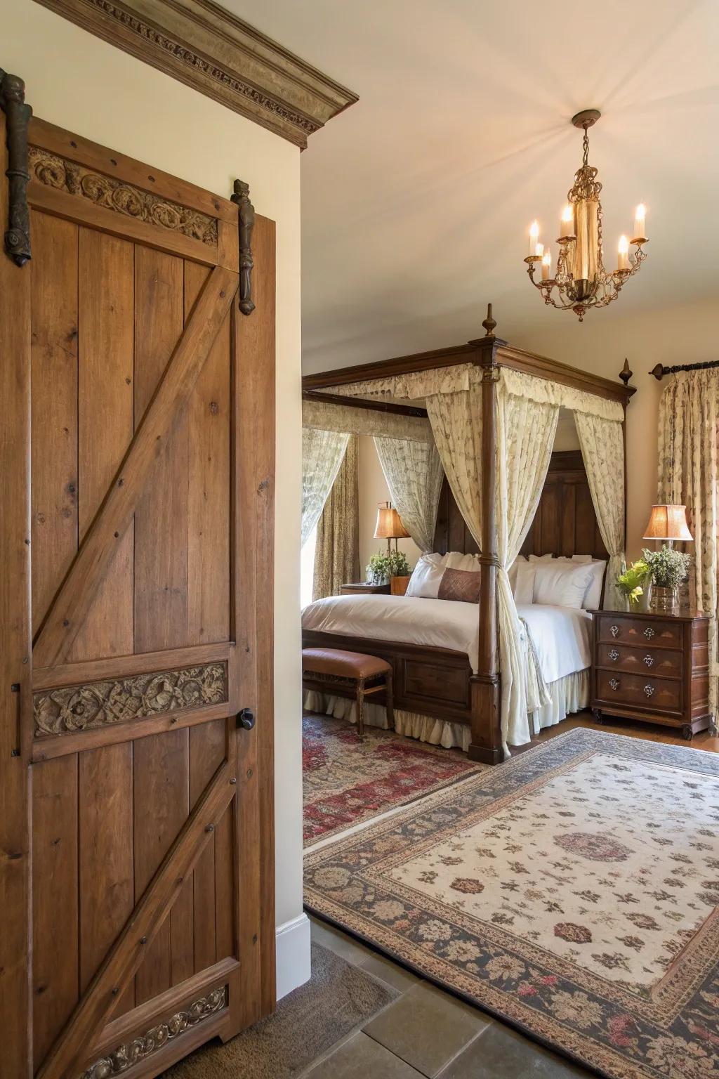 A classic paneled barn door lends elegance to this traditional bedroom.