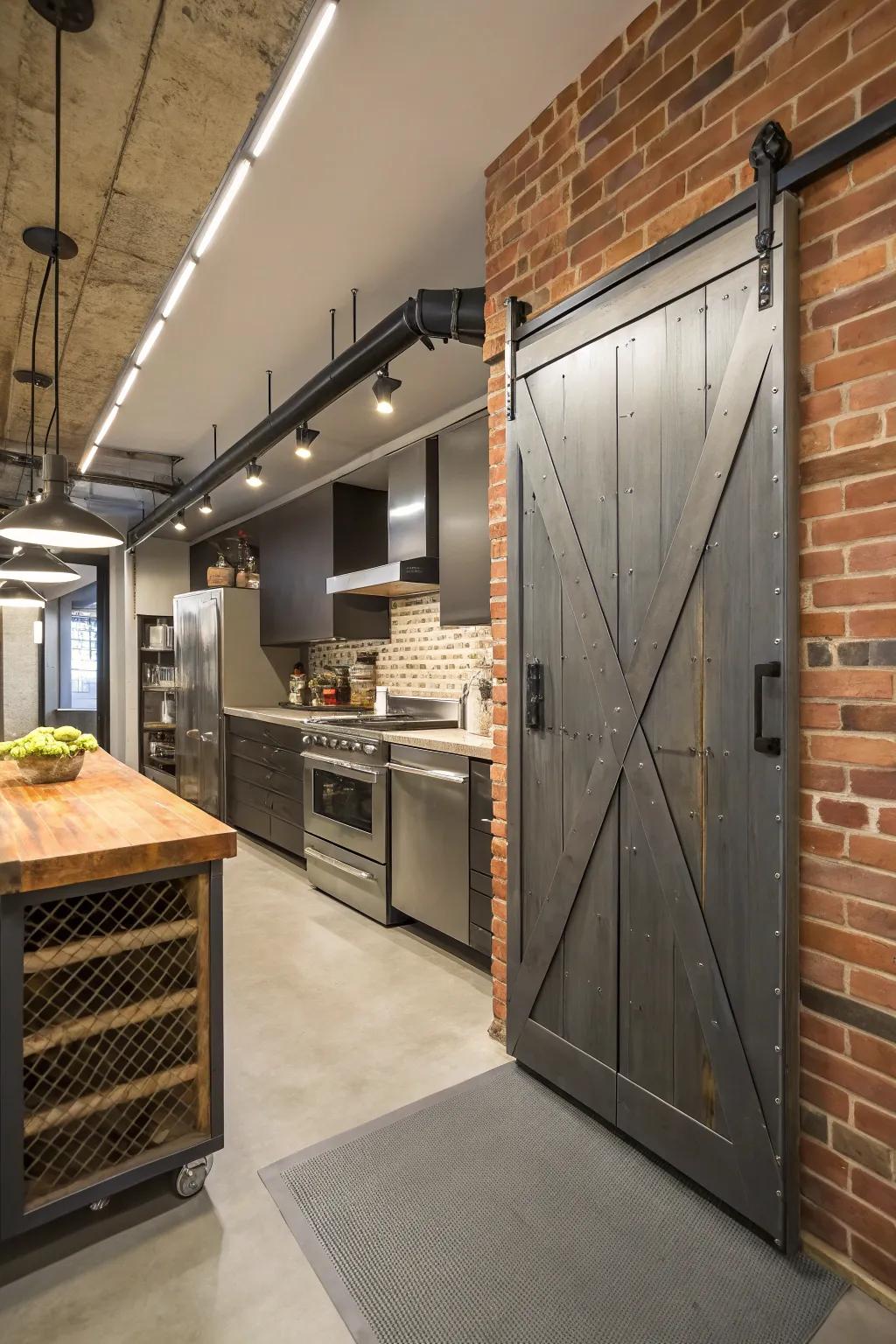 An industrial-themed kitchen with a sliding barn door pantry adorned with metallic accents.
