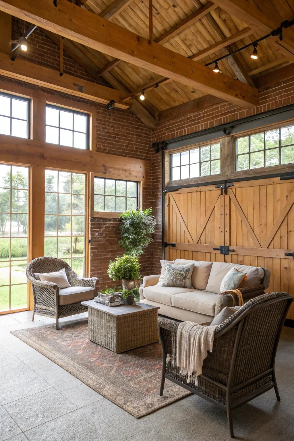 A comfy place to sit makes this barn garage a place to relax.