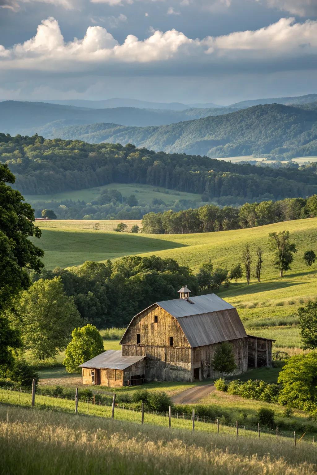 A barn house beautifully situated in a scenic rural landscape.