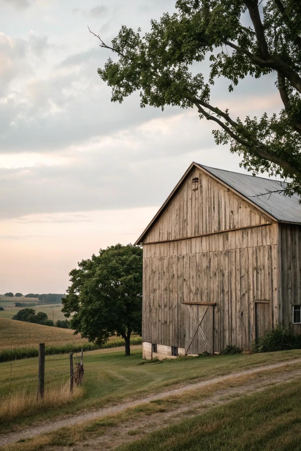 A barn covered in T1-11 siding, combining texture with practicality.