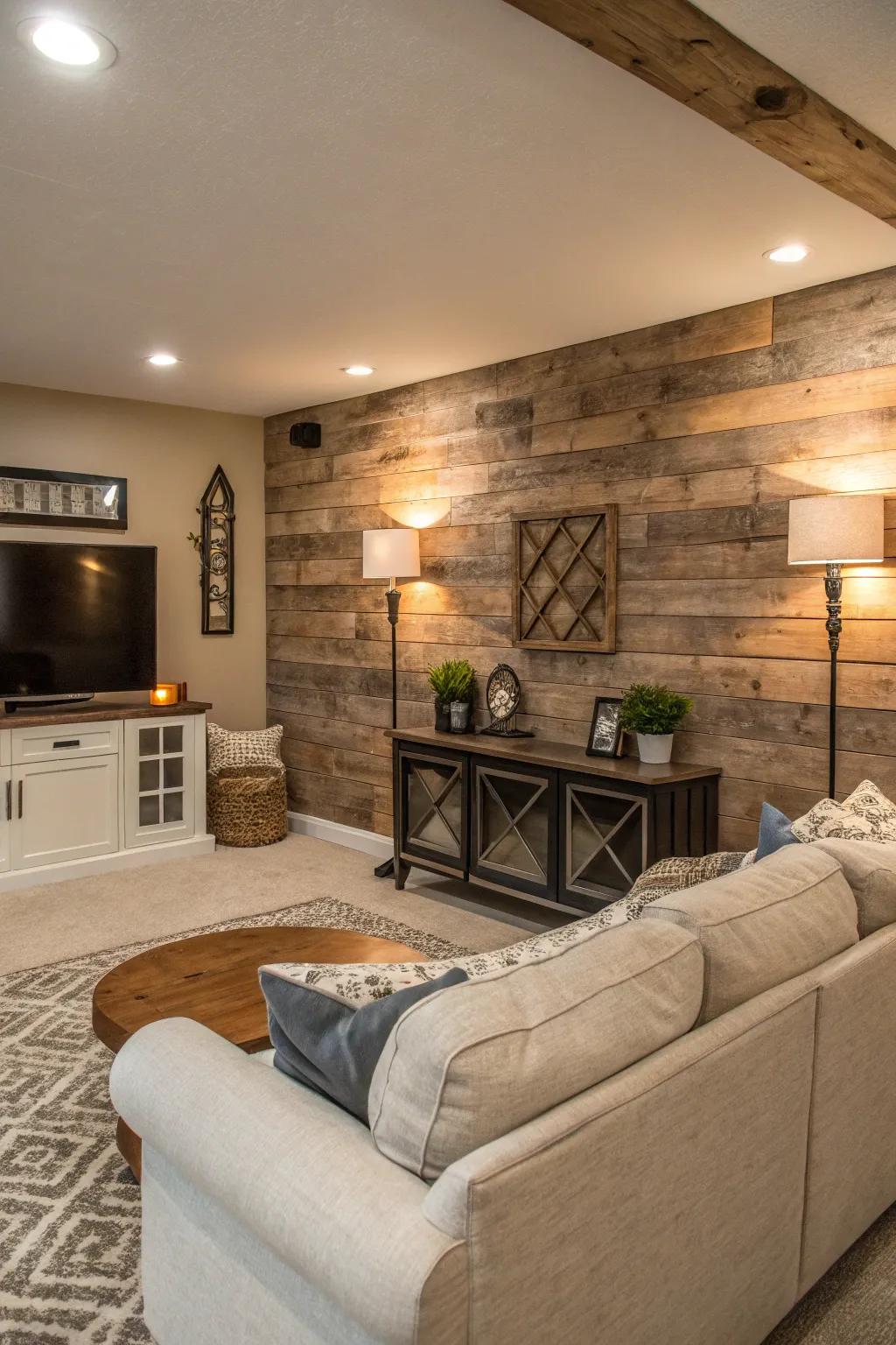 Craft a serene atmosphere using muted tones of timber.