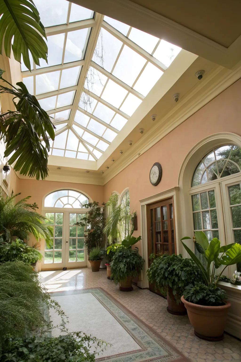A bright room featuring a vaulted ceiling enhanced by skylights.