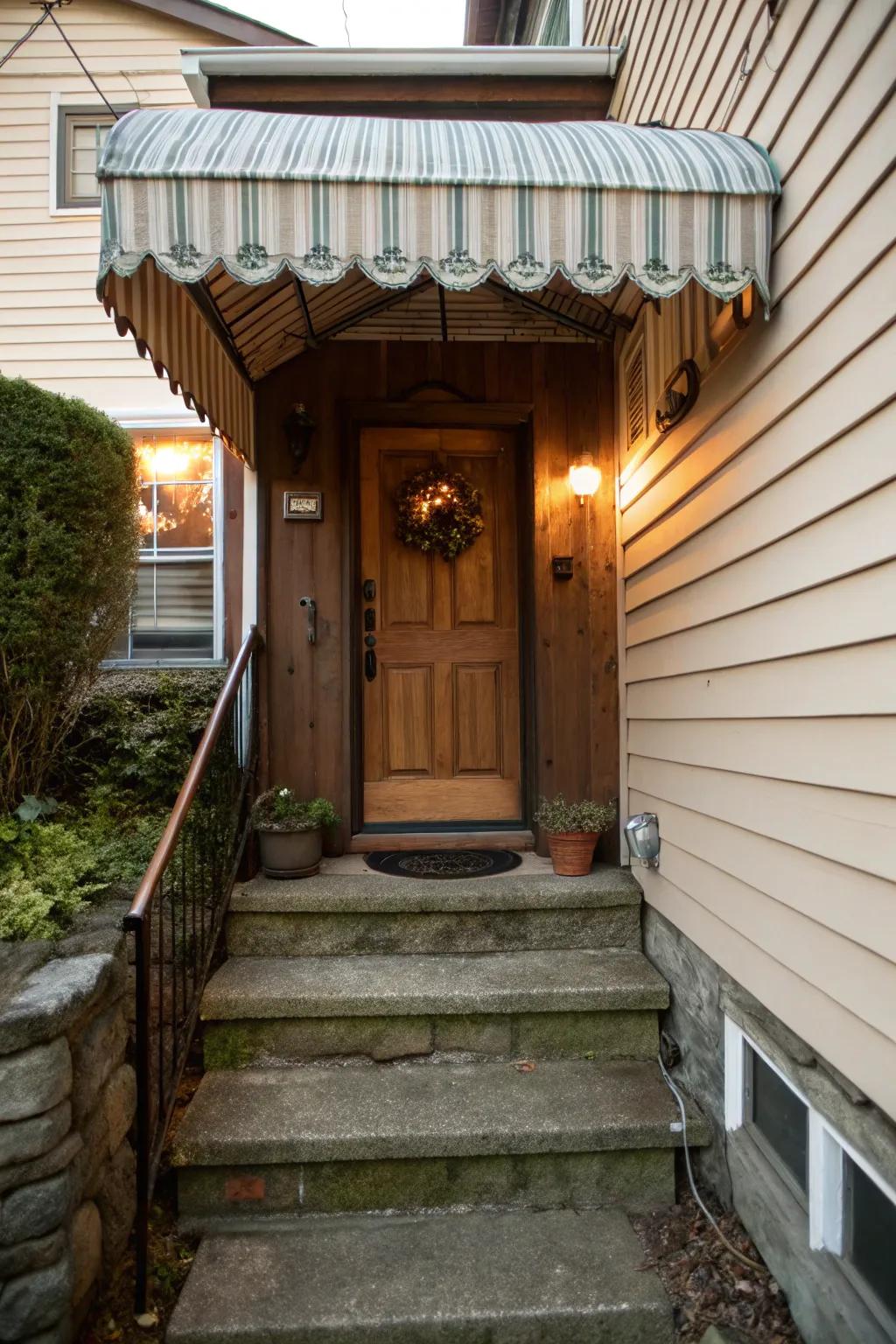 A sheltered entrance gives both protection and visual allure.