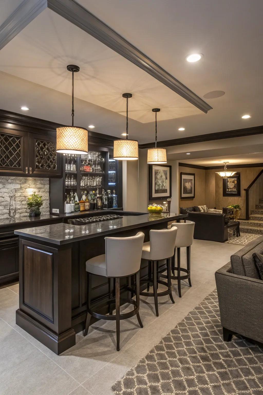 Your game room's social atmosphere is enhanced by a stylish bar area.