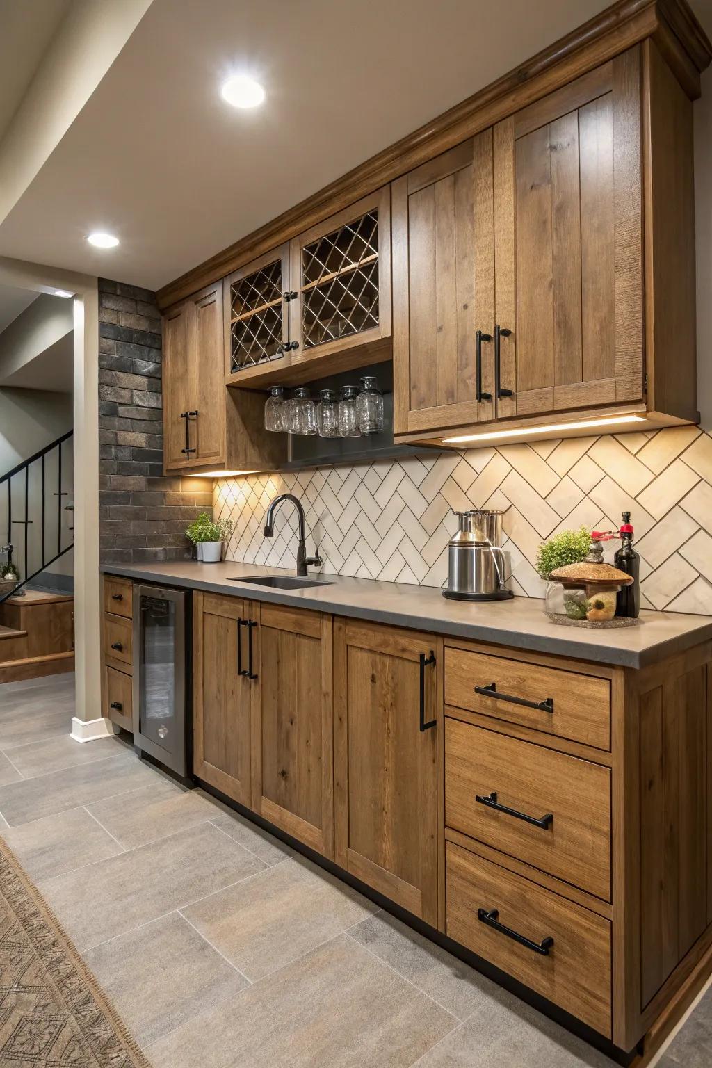 Mixing textures introduces a luxurious, layered aesthetic to your kitchenette.
