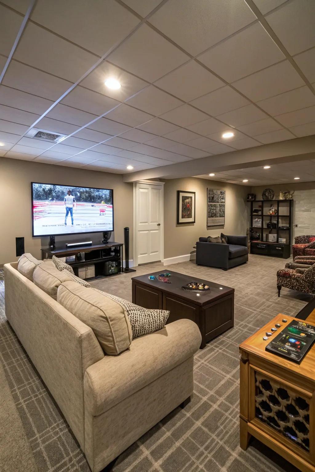 A versatile media room design facilitates both gaming and social gatherings.