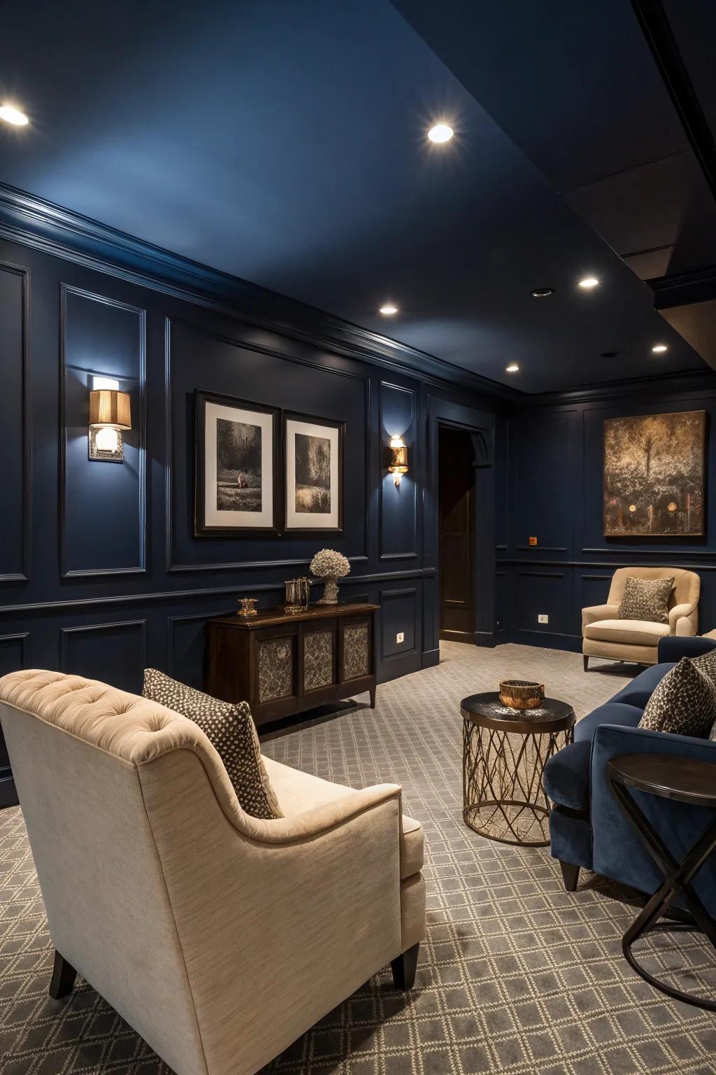 Walls in dark blue make a dramatic and elegant feeling.