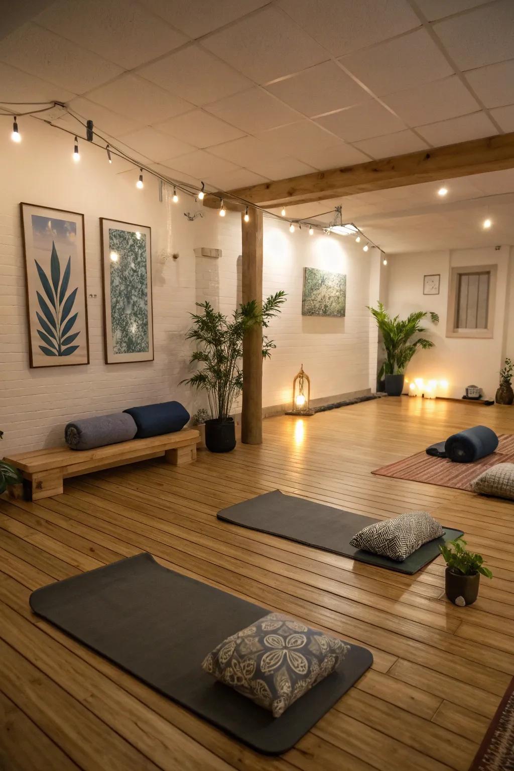 A calming basement yoga retreat with natural elements and soft lighting.