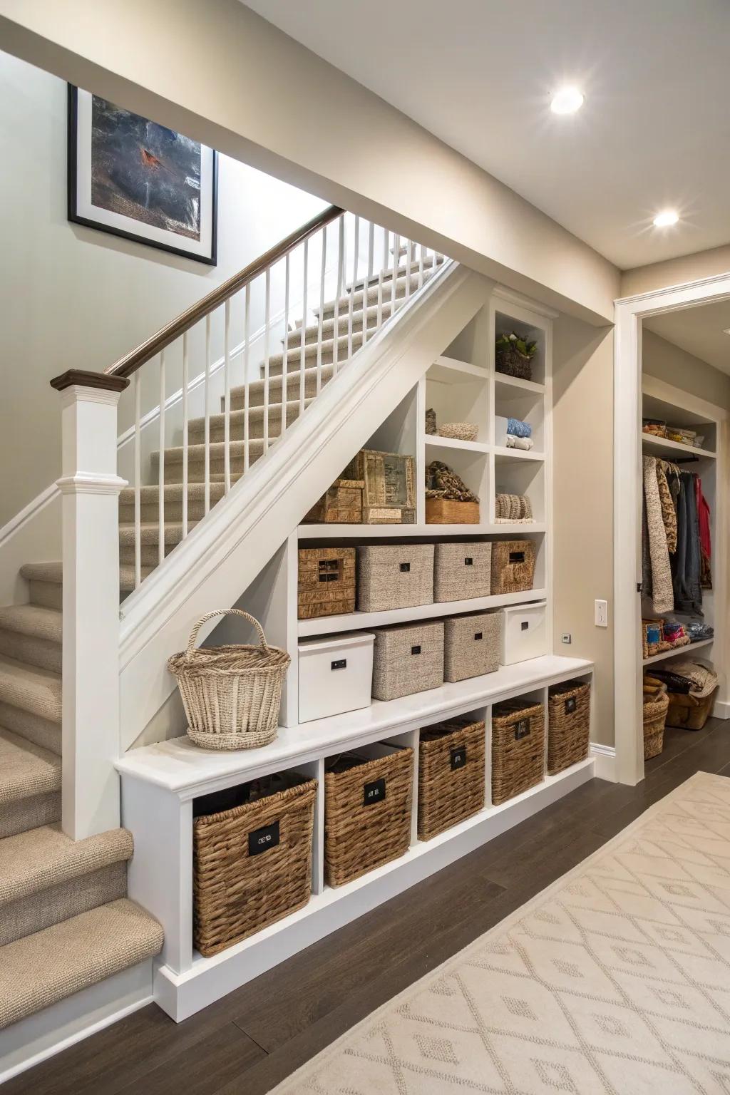 Under-step storage offers practicality and style.