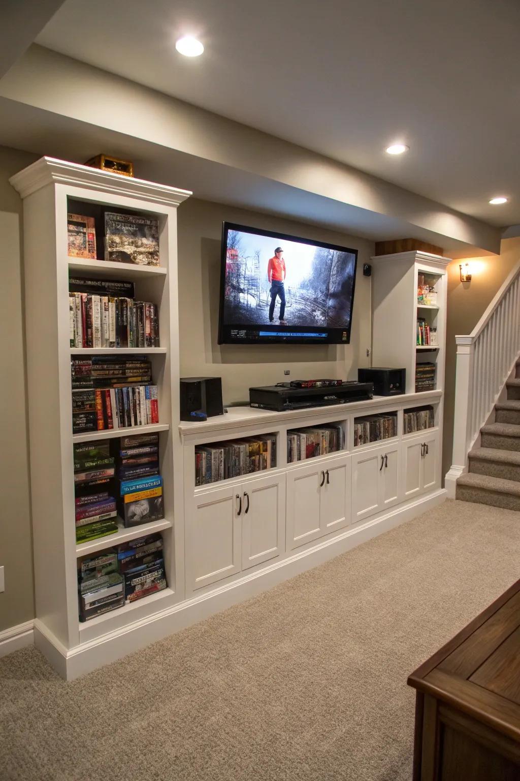 A basement TV wall featuring media storage cabinets for a clean and organized entertainment area.