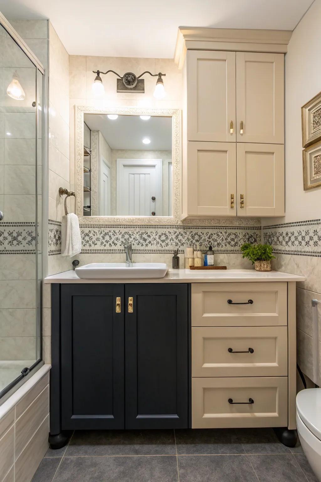 Dual-color cabinets add depth and visual appeal.