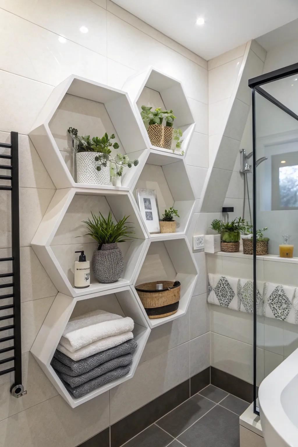 Angular ledges contribute artistic flair to any restroom.