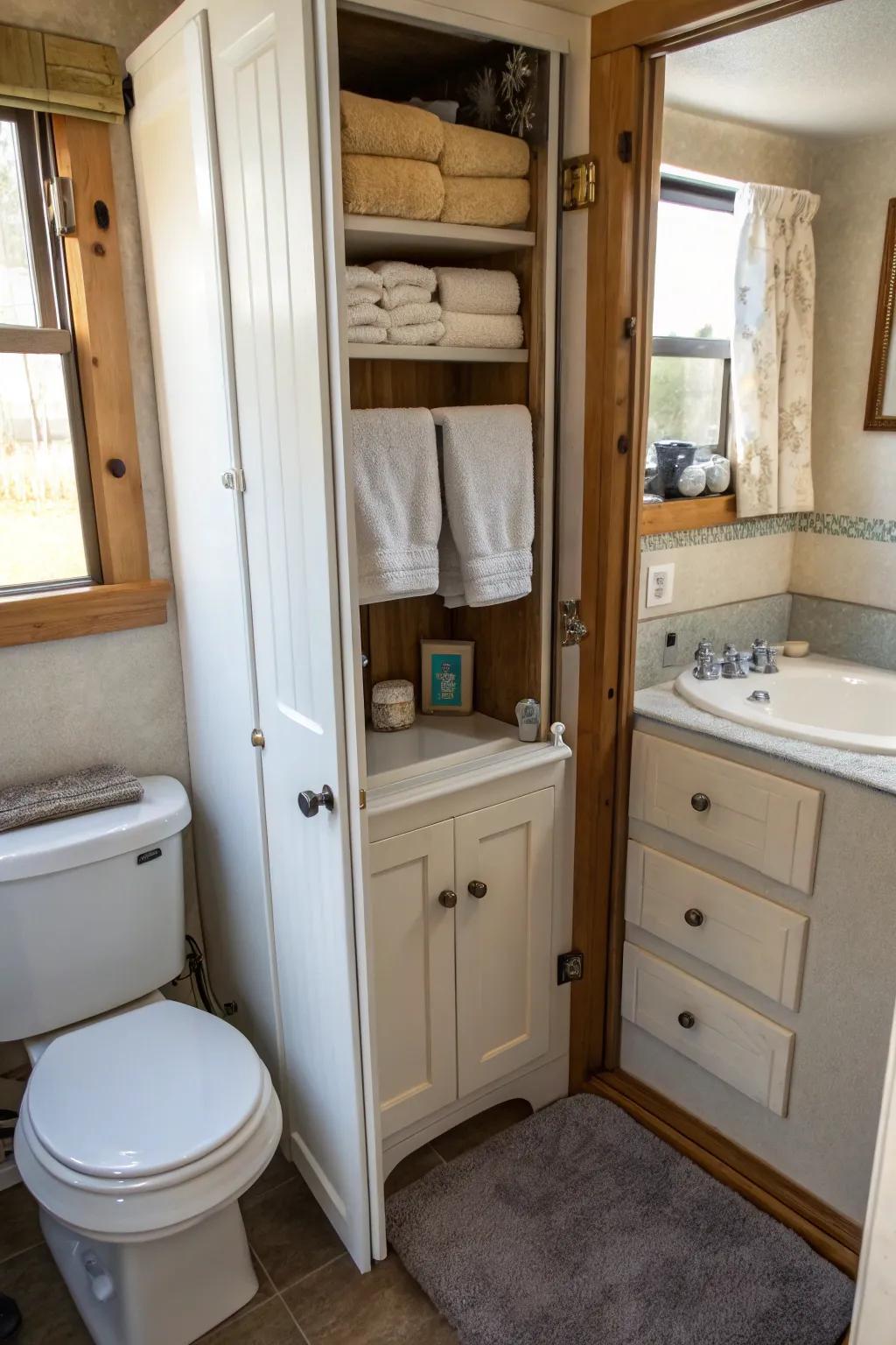 Over-the-cabinet door holders provide a discreet cloth storage option.