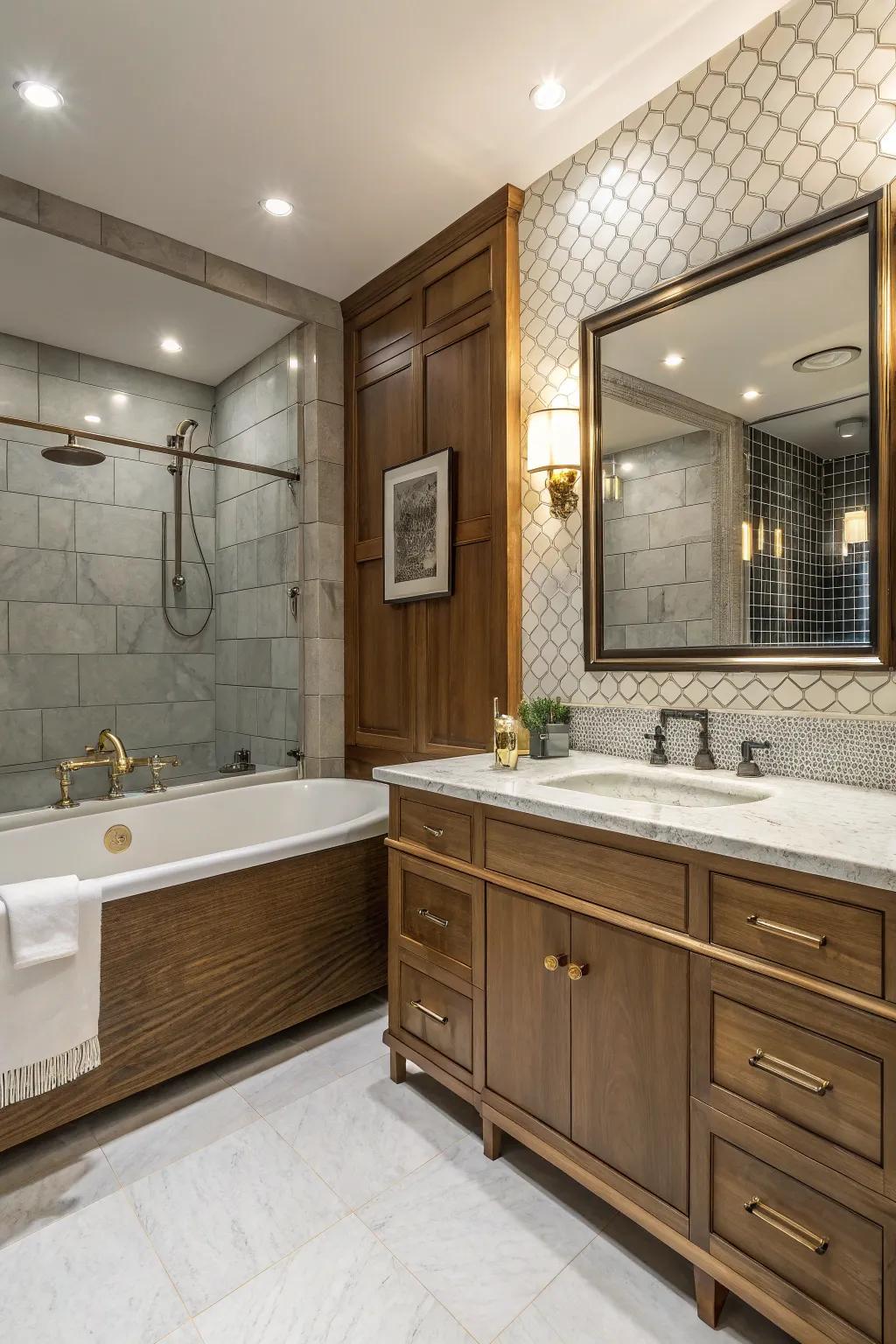 Mixing materials adds warmth and richness to the bathtub area.