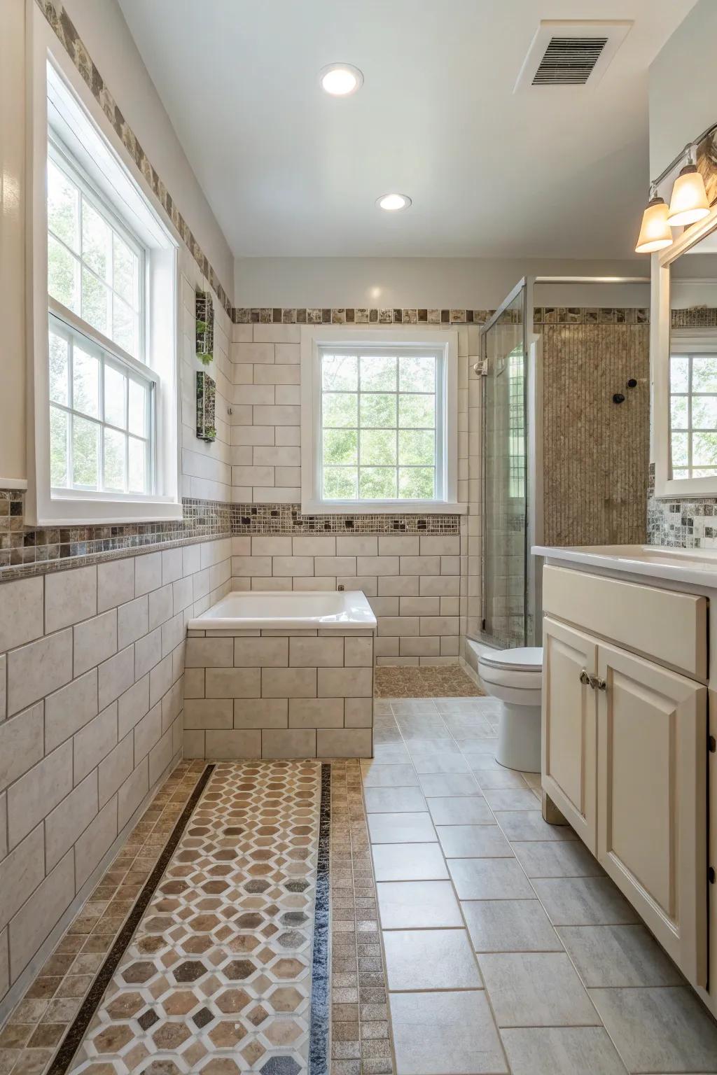 Fluid transitions in tile patterns enhance bathroom flow.