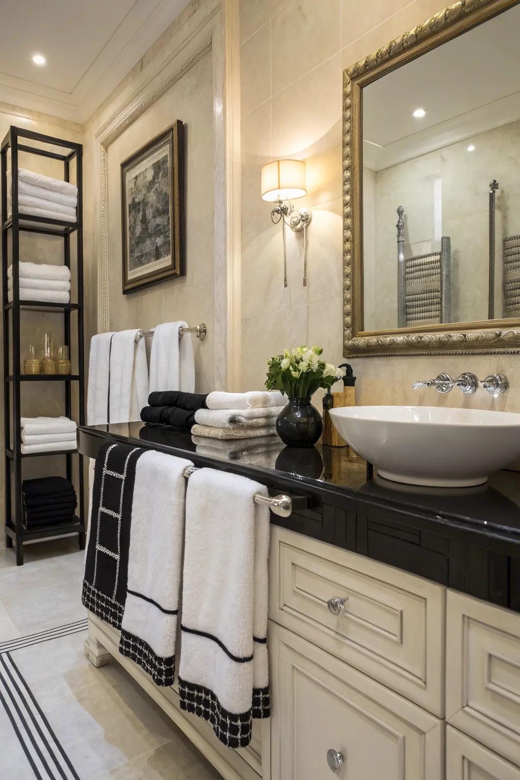 Ebony and snow white towels fashion an elegant and timeless appearance.