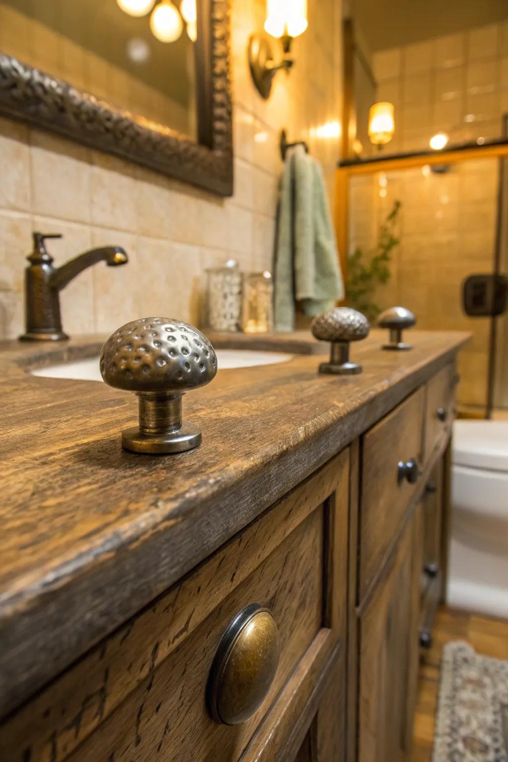 Textured metal buttons celebrate artistry and genuineness.