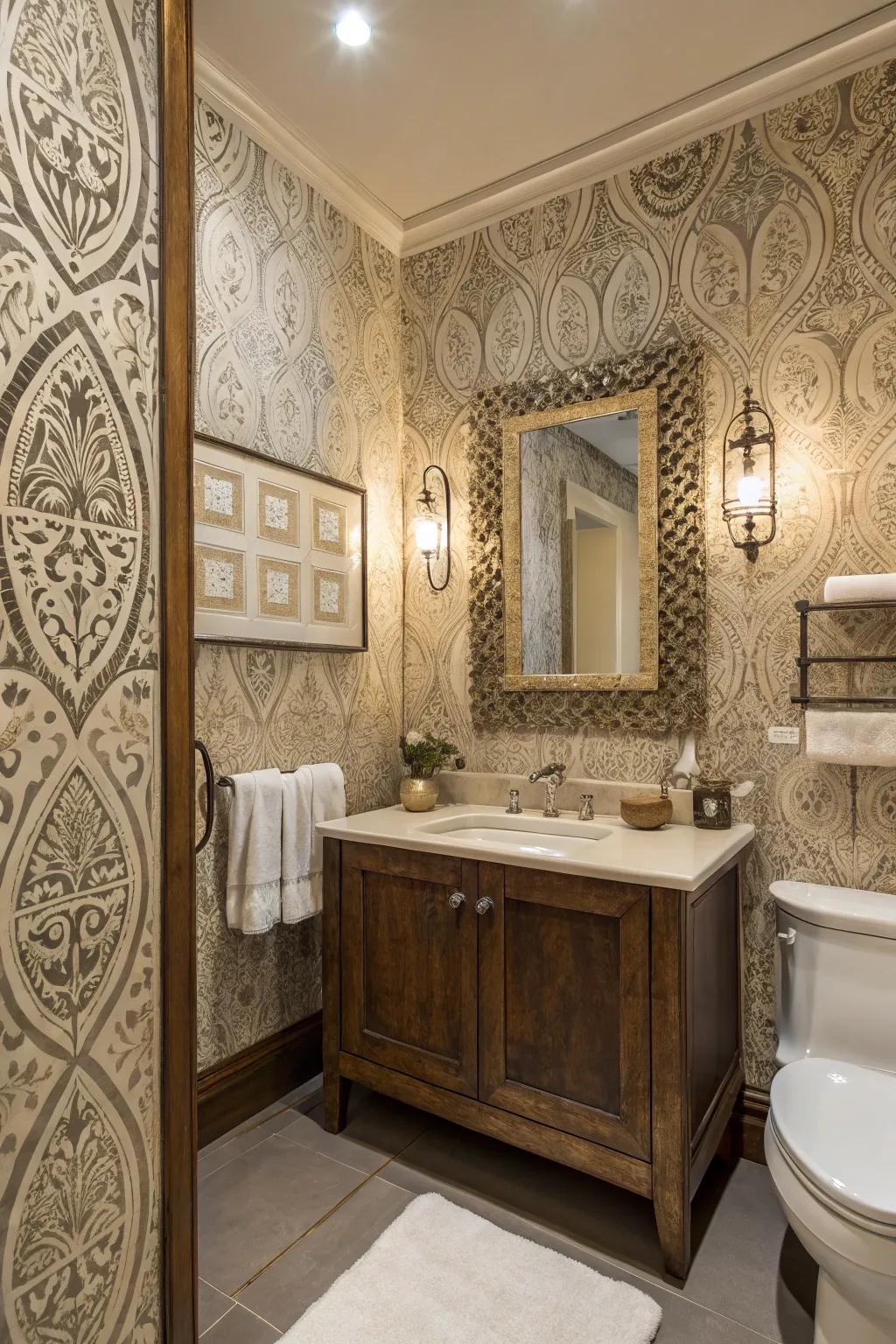 Introduce dimension to your bathroom with textured wallpaper.