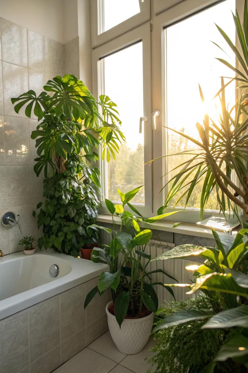 Foliage crafting a natural retreat in the bathroom.
