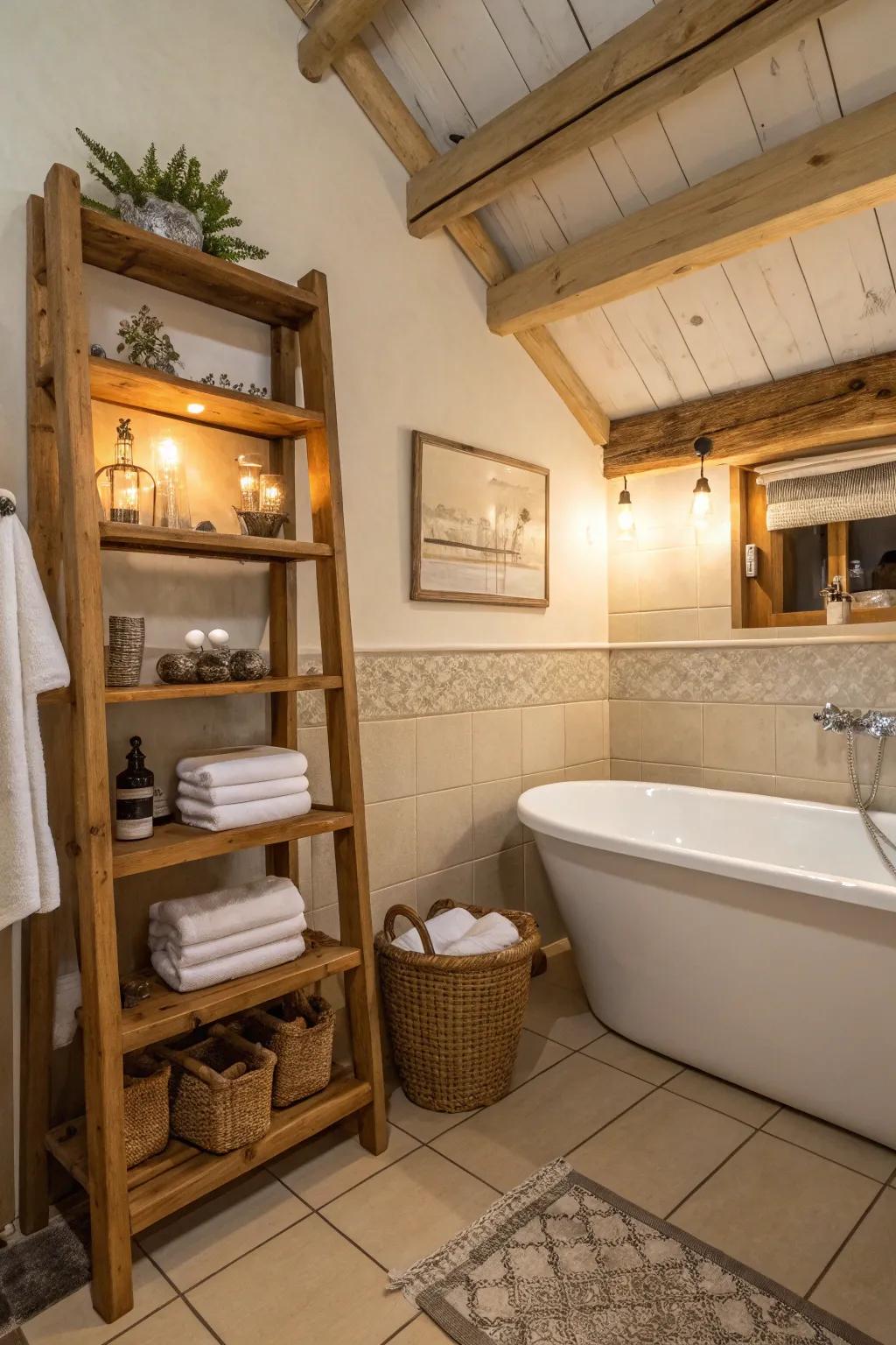 Wooden details add warmth to this bathroom featuring a soak.