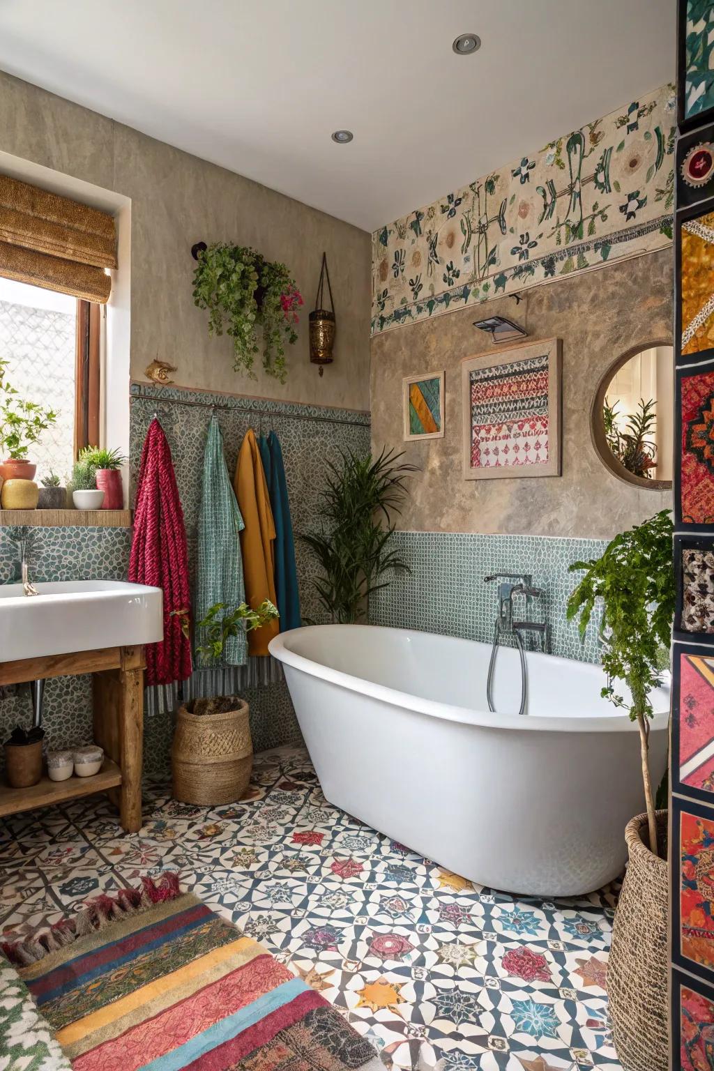 A varied bathroom exhibiting singular textures and shades.