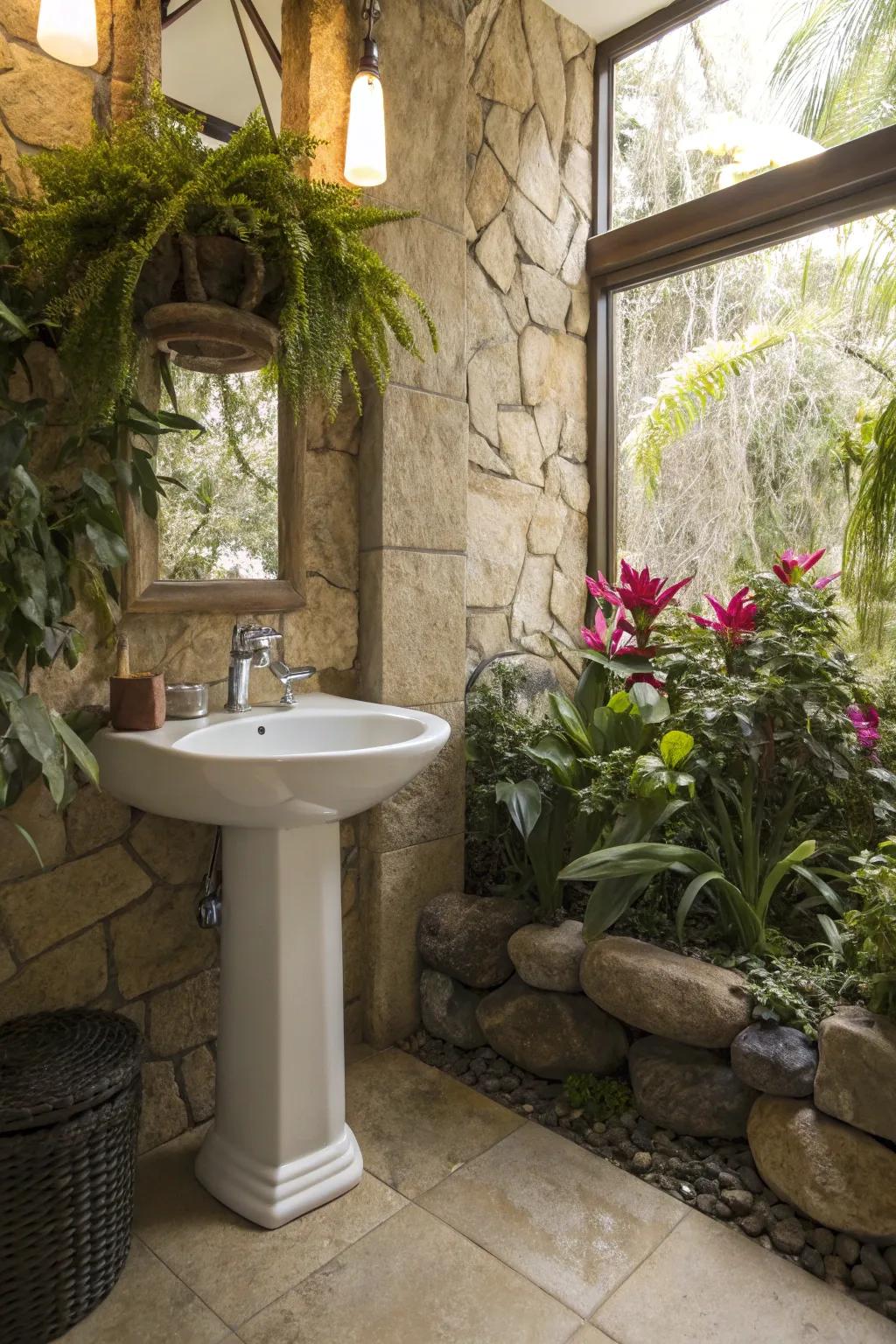 Invite nature indoors via flora and unprocessed stone.