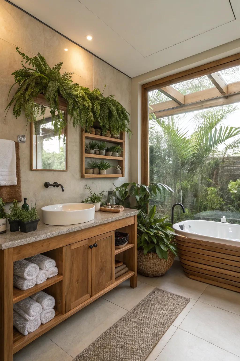 Wooden accents and greenery for a spa-like bathroom experience.