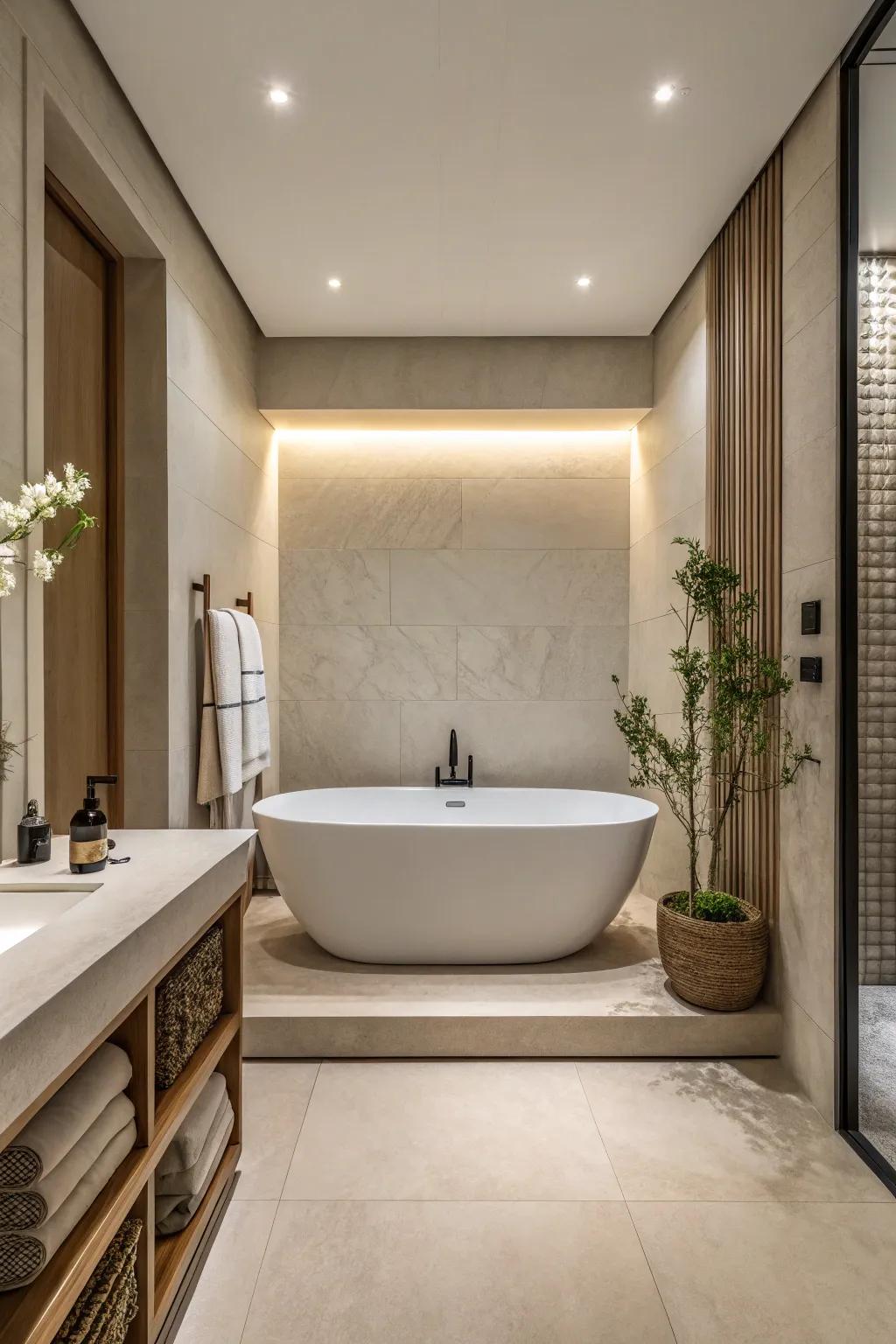 A minimalist bathroom features simplicity with a streamlined tub design.