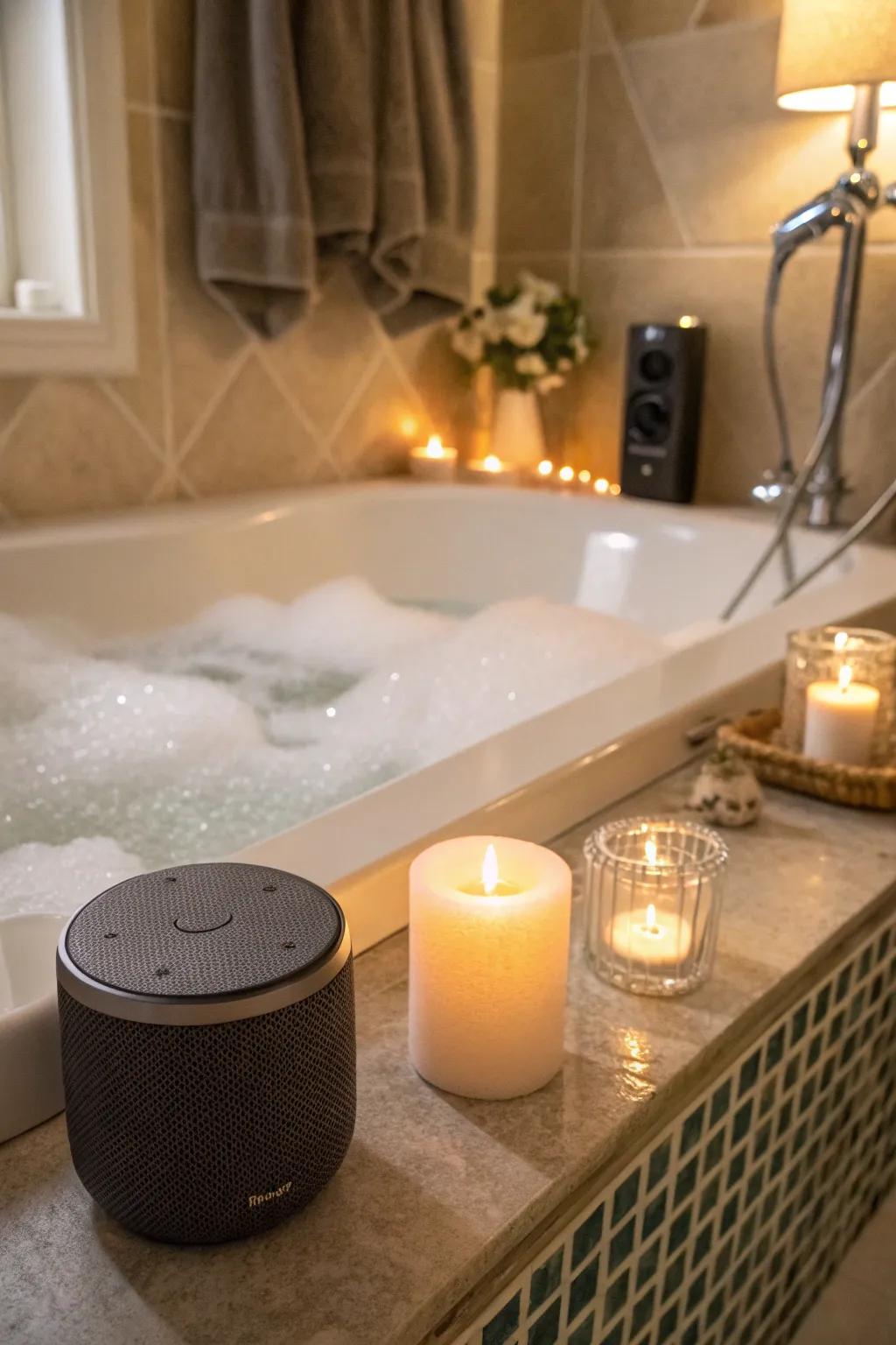 Set the scene for relaxation with calming spa music during your bath.