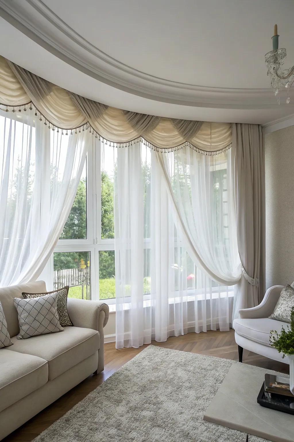 Layered window treatments add depth and elegance.