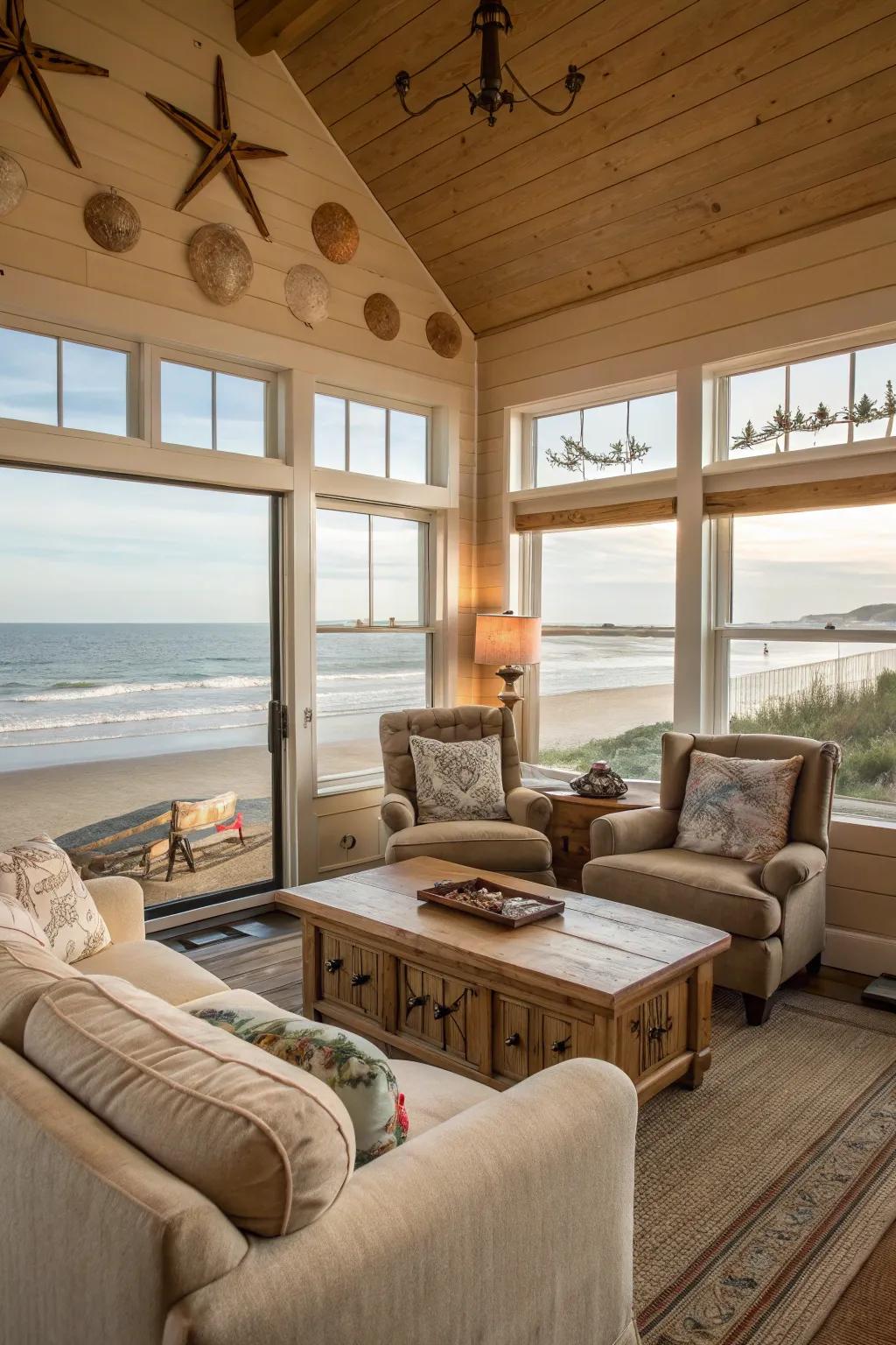 Comfortable furnishings invite relaxation in this beachside haven.
